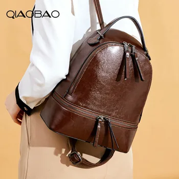 

QIAOBAO New Design Female Genuine Leather Backpack Women's School Bag for Girls Leisure Travel Shoulder Bags
