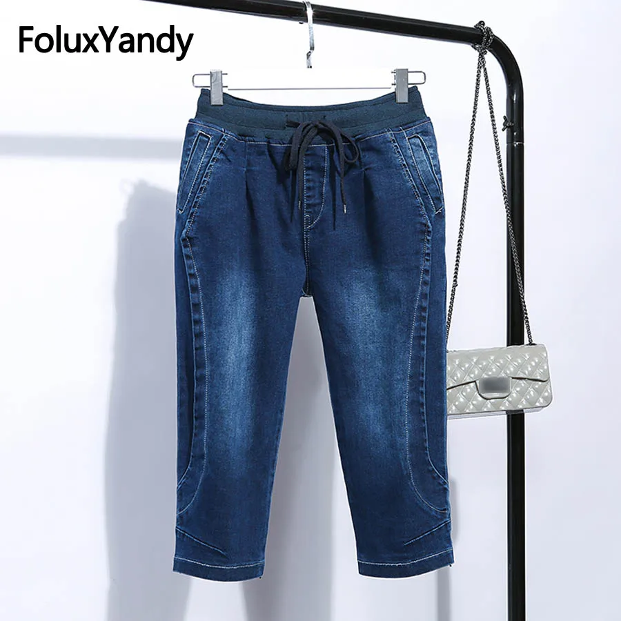 

High Waist Jeans Calf-length Women Plus Size 5XL Denim Pencil Pants Summer Capris Stretched Loose Jeans Blue QNS61
