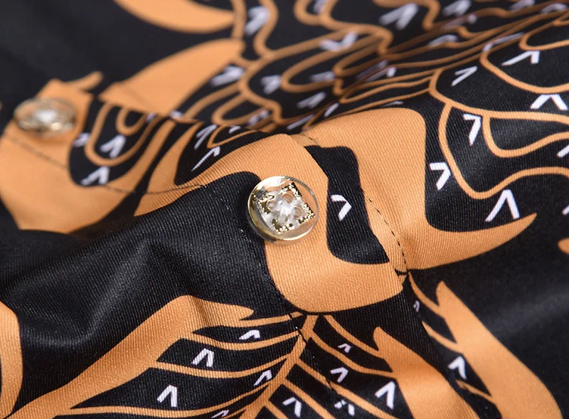 XIMIWUA New Arrival Men Shirts Golden Leaf Print Covered Button Casual Slim Chemise Homme Mens Dress Shirts Camisas Para Hombre