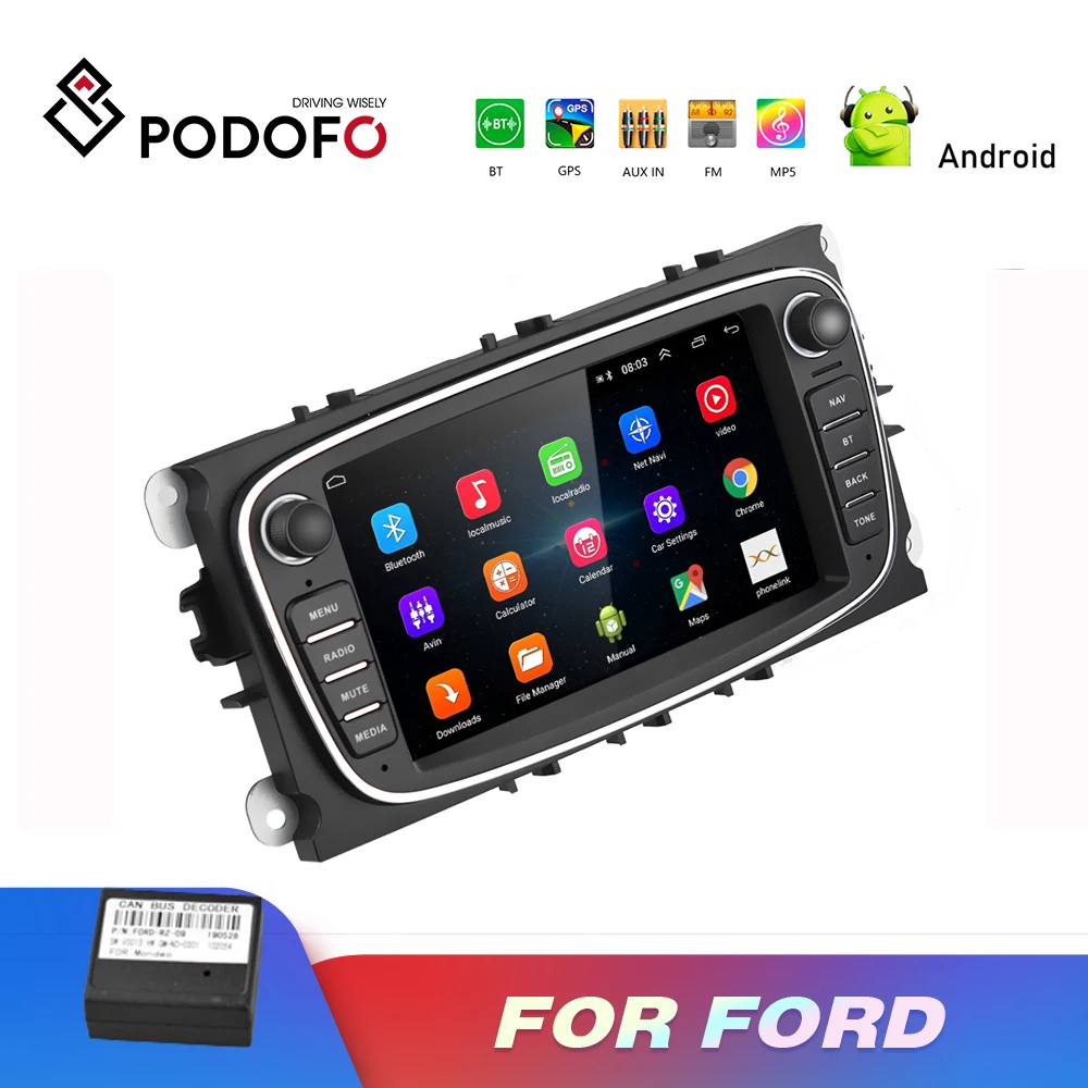 Дешево Podofo 2 Din Автомобильный мультимедийный плеер Android 8,1 font b GPS b font Авторадио 7 автомобильный Радио Mp5 плеер для Ford Focus S Max Mondeo 9 Galaxy yc Max