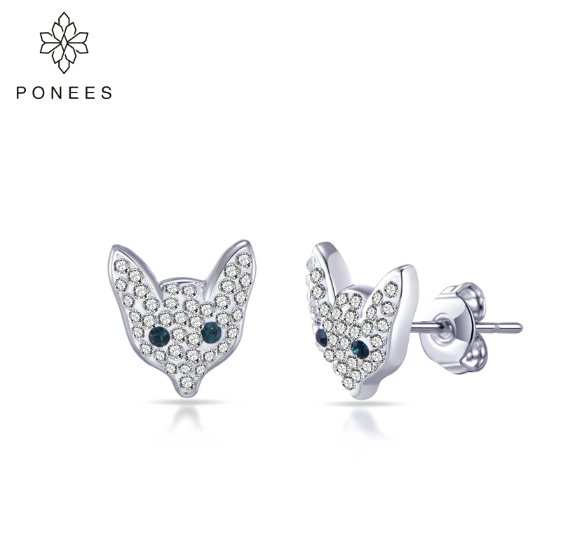 

PONEES New Fashion Shining Small Fox Stud Earrings For Women Jewelry Gifts Rhodium Plating Fox Jewelry