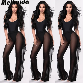 

Sexy Womens Ruffles Mesh Pants High Waist Sexy Women Translucent Summer Wide Leg Loose Trousers Evening Party Pants