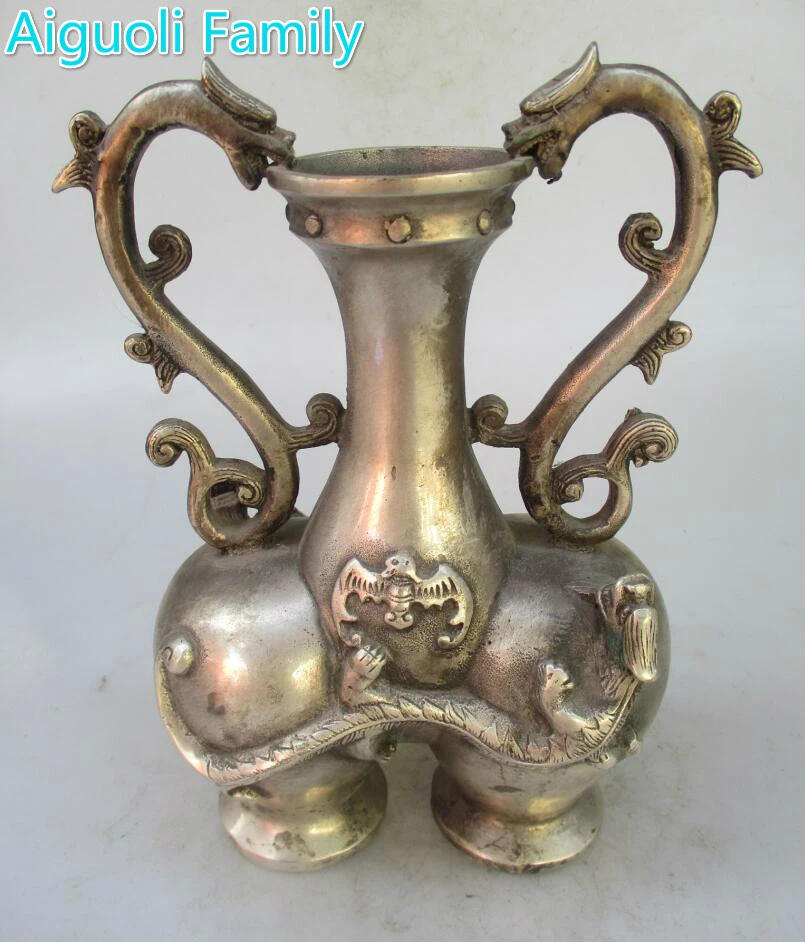 

Collectible 1 Pair of Chinese Ming /Qing Dynasty Decorated Old Handwork Tibet Silver Double Dragon Vase