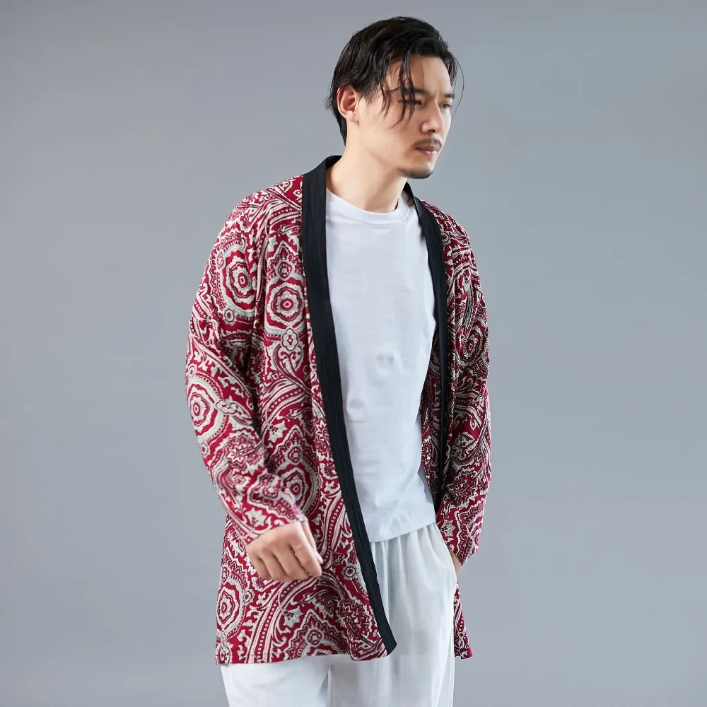 LZJN Long Sleeve Shirt Mens Summer Kimono Cardigan Casual Cotton Hanfu Contrast Color Blouse Male Open Front Trenchcoat (5)