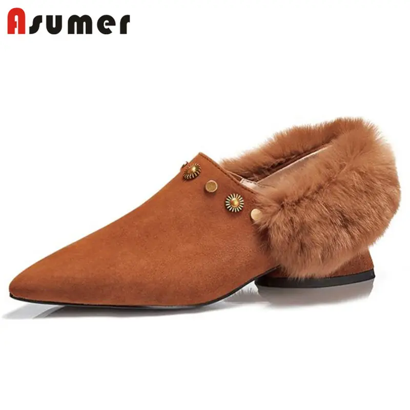 

ASUMER HOT 2018 fashion kid suede leather pumps women thick low heels pinted toe fur rivet loafers shoes casual party shoes