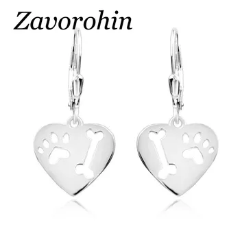 

Zavorohin 100% Real 925 Sterling Silver Cute Dog Cat Paw And Bone Print Heart Dangling Earrings Brincos Jewelry For Animal Lover