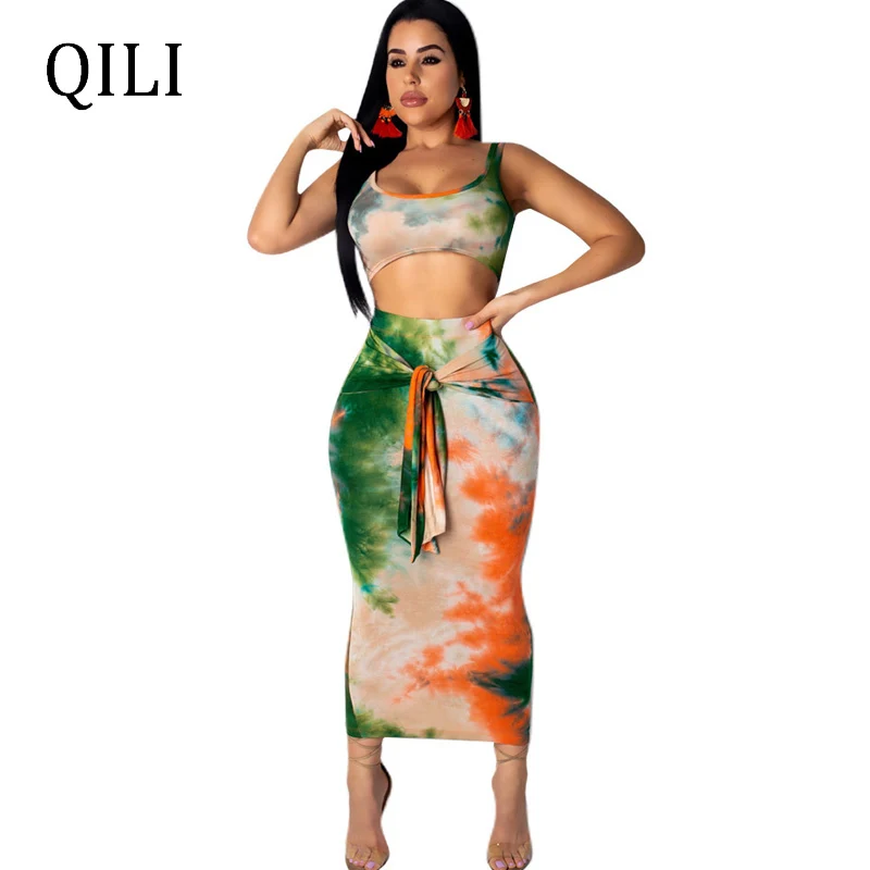 

QILI New Summer Women Two Piece Set Dress Tank Sleeve Bandage Print Dresses Sheath Mid-Calf Pencil Dress Plus Size S-XXL