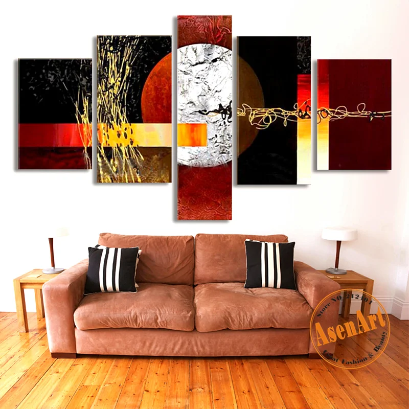 

5 Piece Modern Abstract Canvas Art 100% Hand Painted Full Moon Oil Painting Frameless Large Canvas Wall Painting for Living Room