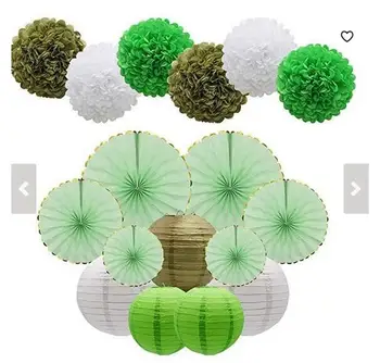 

Green Party Decor Supplies Kit, Paper Lanterns, Tissue Pom Poms Flowers, Paper Hanging Fans Set for Baby Showers Bridal Decor