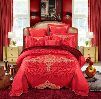 

100% Cotton Bedlinen red color Soft Bedclothes Bedcover Embroidery Duvet Cover Pillowcase satin jacquard Bedding set