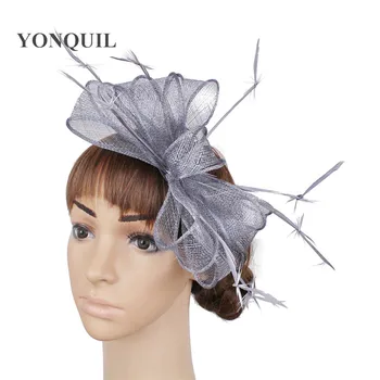 

Grey church millinery sinamay hats feather flower fascinators for party hat bridal hair accessories Autumn cocktail hat MYQ117