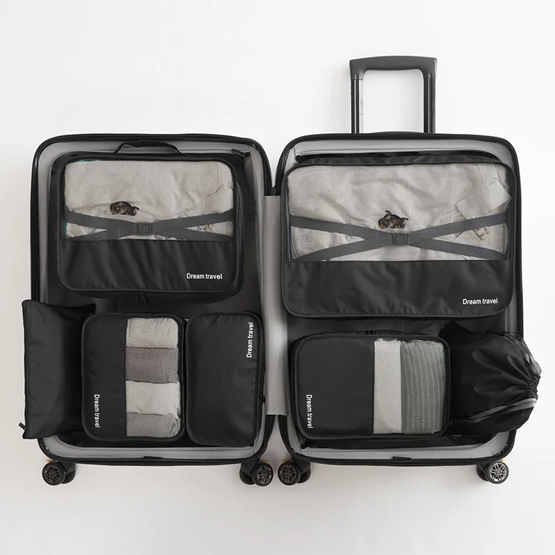 HMUNII 7 шт. водонепроницаемые дорожные сумки для хранения высокой емкости сетчатая упаковка для одежды куб Органайзер для багажа сумка Аксессуары для путешествий - Цвет: Черный