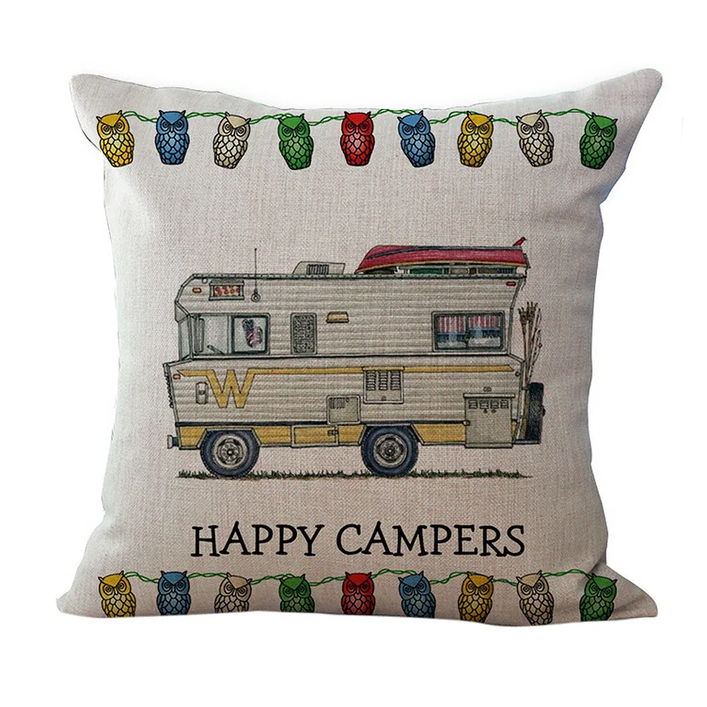 Happy Campers Car Cushion Cover Cotton Linen Happy Campers Throw Pillow