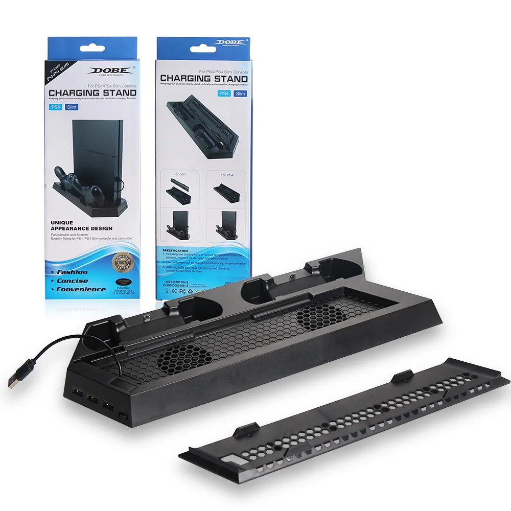  2 in 1 PS4 / PS4 Slim Vertical Stand Charger Dual Controller Charging Station with Cooling Fan for 