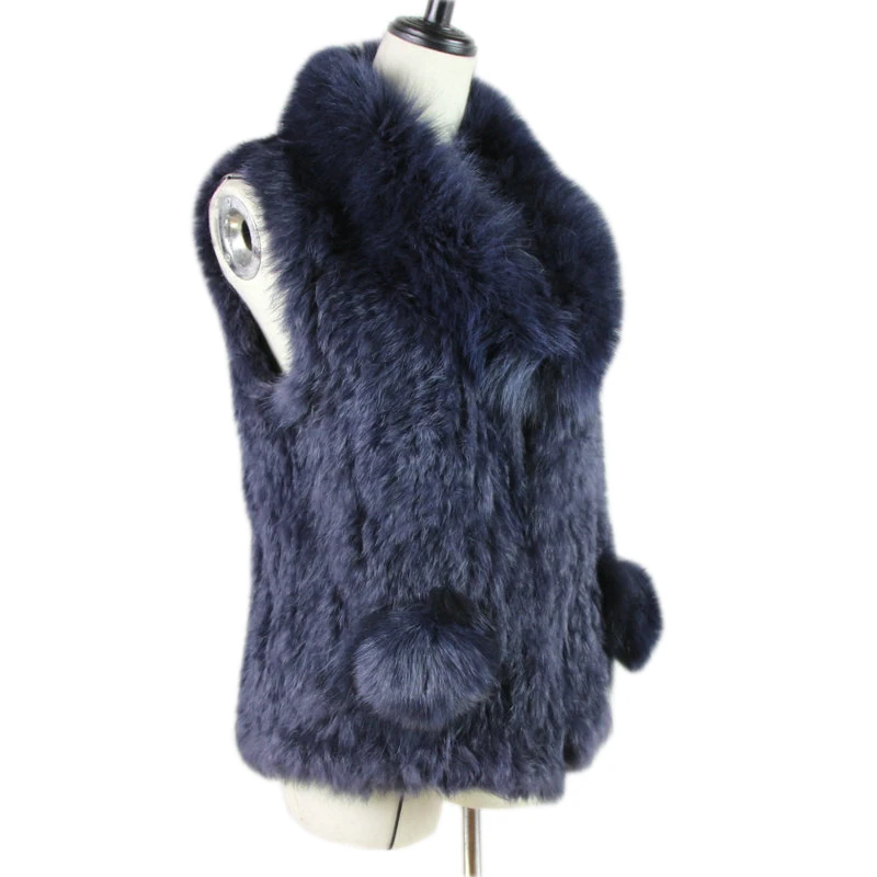 

new style womens natural real rabbit fur vest with big raccoon fur collar deck on pocket waistcoat/jackets rabbit knitted winter