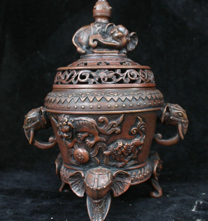 29cm XuanDe Marked China Copper Elephant 3 Foot Foo Dog Incense Burner Censer | Дом и сад
