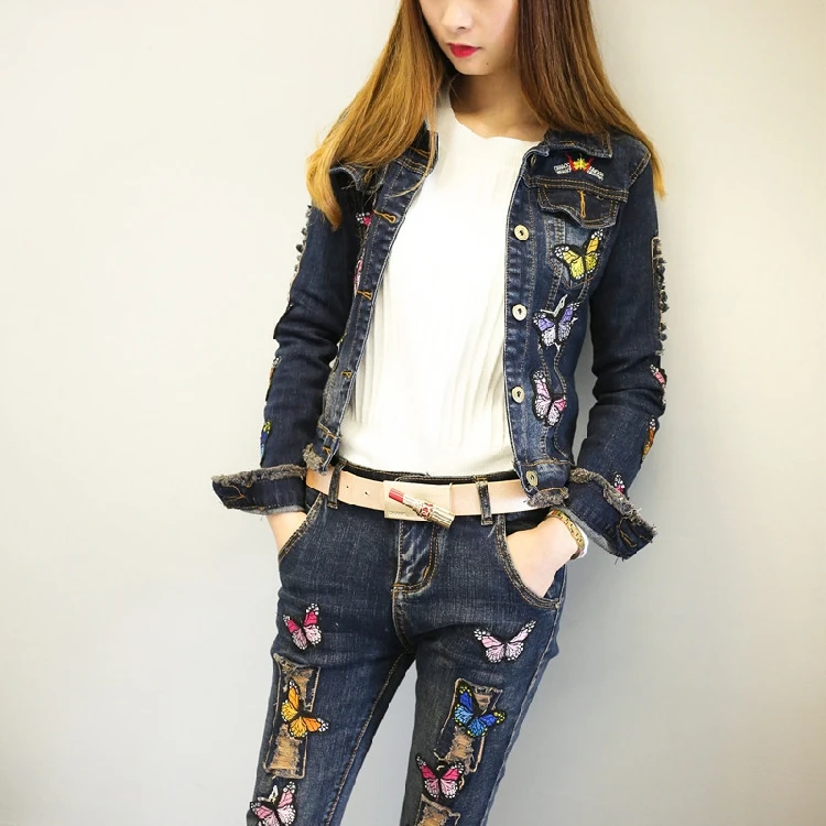 

2018 New Spring Autumn Fashion Women's Sets Embroidery Butterfly Long Sleeve Denim Jackets + Slim Pencil Jeans Female Suits
