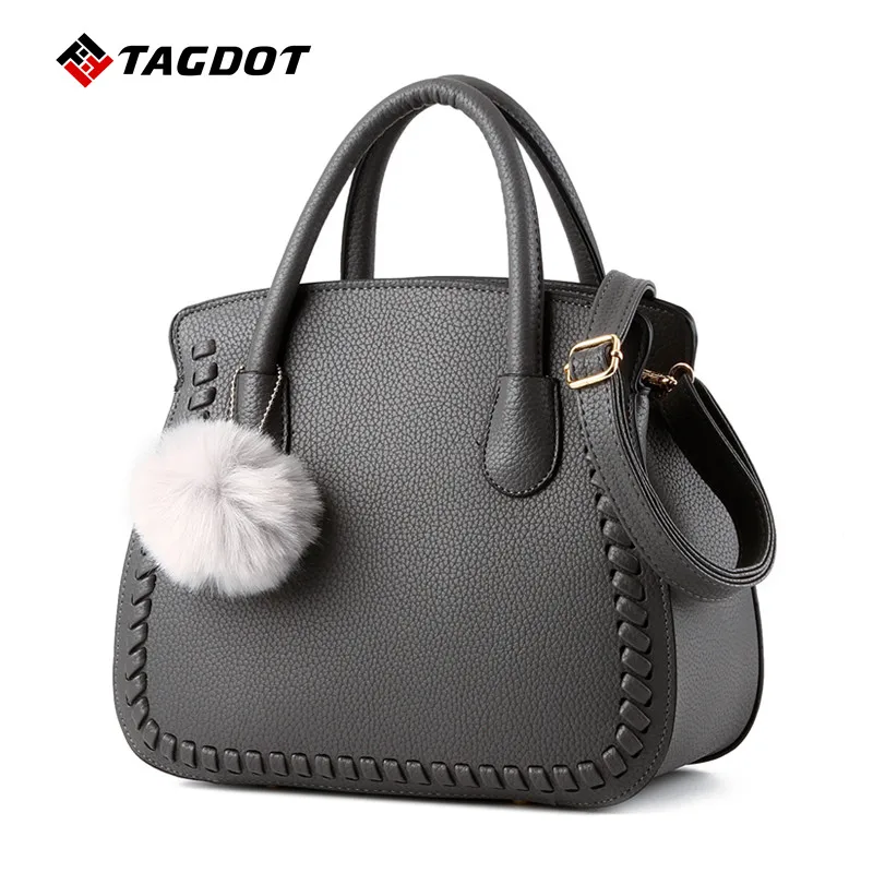 

TAGDOT Europe Fashion Women PU Leather Bags Litchi pattern 5 Colors Hair ball Decoration BaoBao Women Handbag Large Shoulder Bag