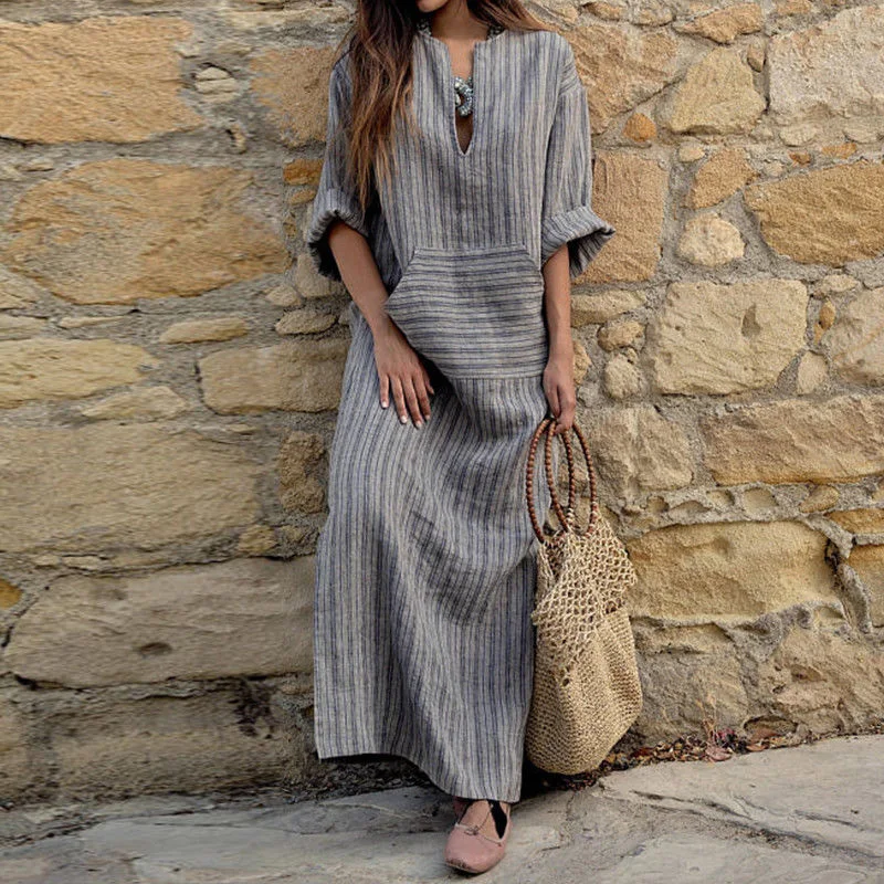 

Women Cotton Linen Boho Dress Plus Size Tunic Party Summer Loose Casual Dress Large Size Long Sleeve Kaftan Striped Print Dress