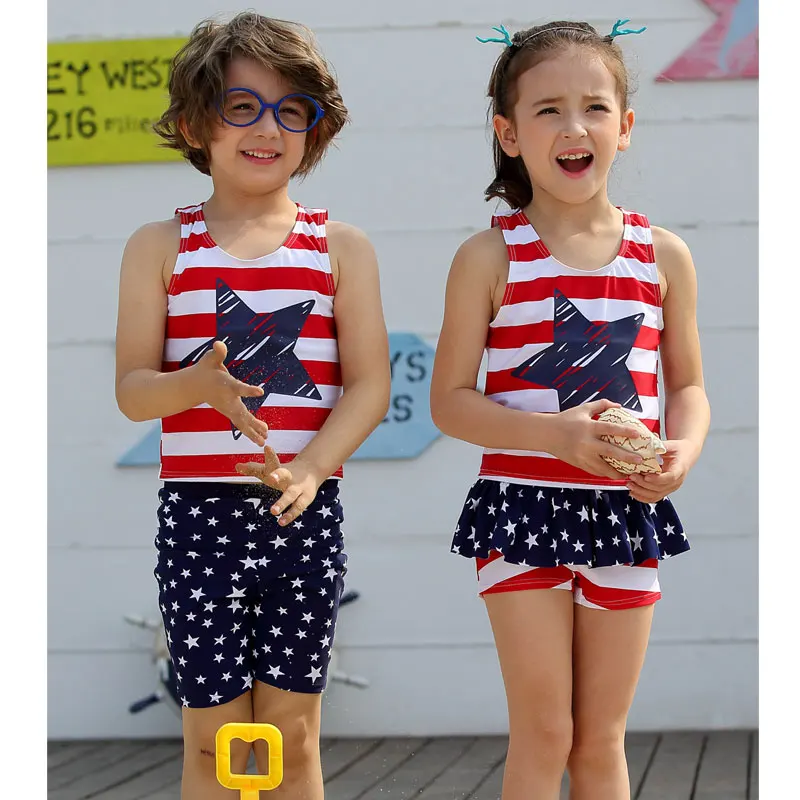 

vivo-biniya Kids Swim Suit Boys Girls Surfing Suits Sun Protection Beach Swimsuit Stripes Sleeveless Top /Star Trunks / Cap