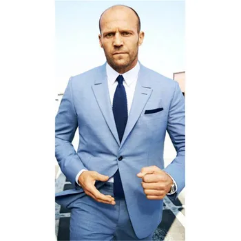 

2019 Slim Fit Groom Tuxedos Notch Collar Men Suit light blue Groomsman/Bridegroom mens Wedding Best Man Suits (Jacket+Pants)