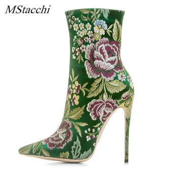

Mstacchi Retro Winter High Heel 12cm Fashion Embroider Shoes Woman Flowers Party Shoes Stilettos Ankle Boots Ladies BigSize33-43