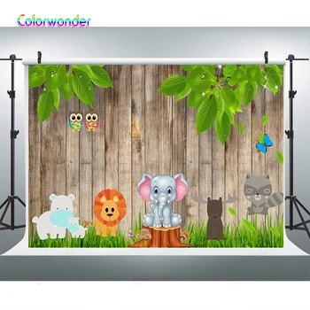 

Photography Backgrounds Baby Jungle Animals Lion Elephant 7x5ft Vintage Wooden Stripes Green Leaves Backdrops for Baby Shower