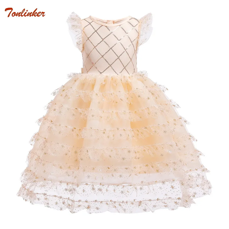 

Gold Pegeant Sequined Kids Dresses For Girls Wedding Party Princess Dresses Baby Girls First Communion Layered Tutu Dresses New