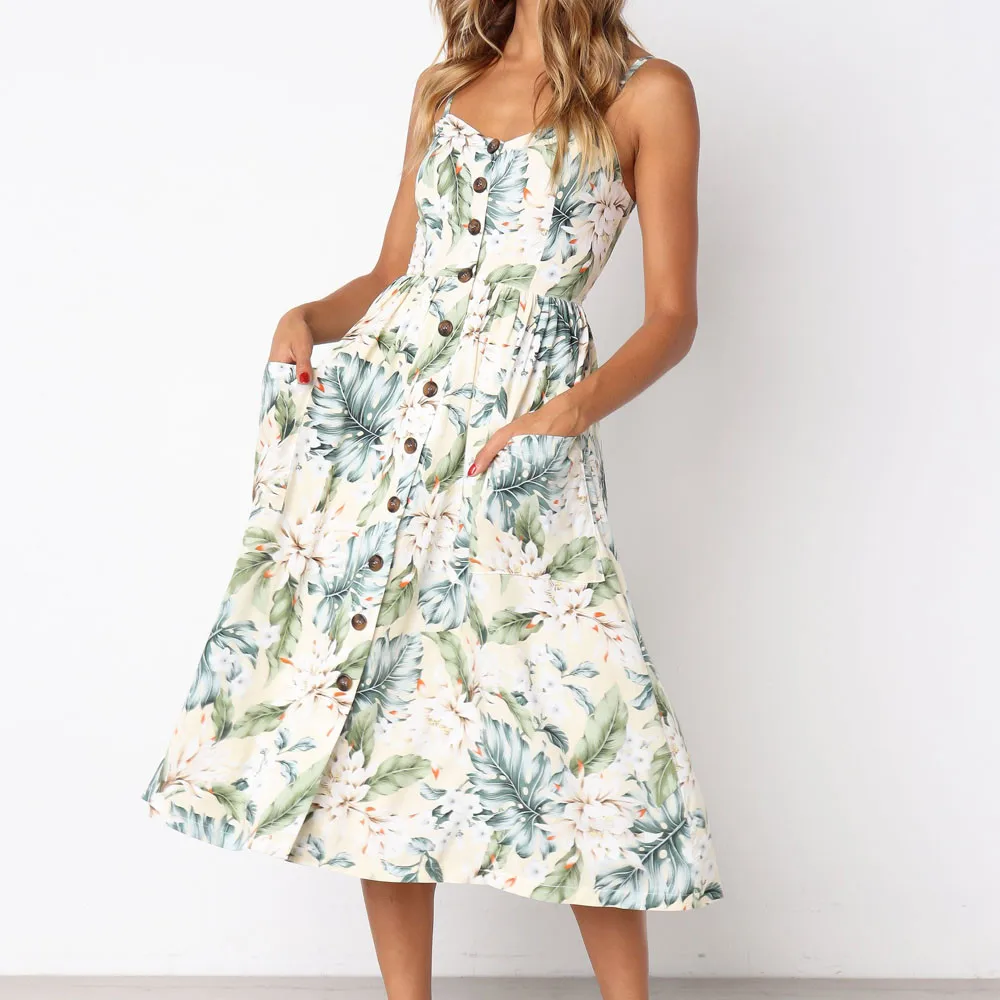 

2019 Hot Women Sexy Printing Buttons Off Shoulder Sleeveless Dress Summer Beach Evening Party Princess Dress Vestido floral Wd4