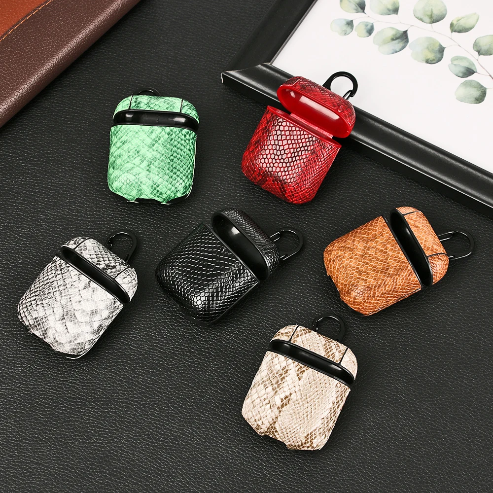 

New Fashion Snake Print Leather Cover Skin Case Protective For Apple AirPods Earphones with Hooks Soft Coque