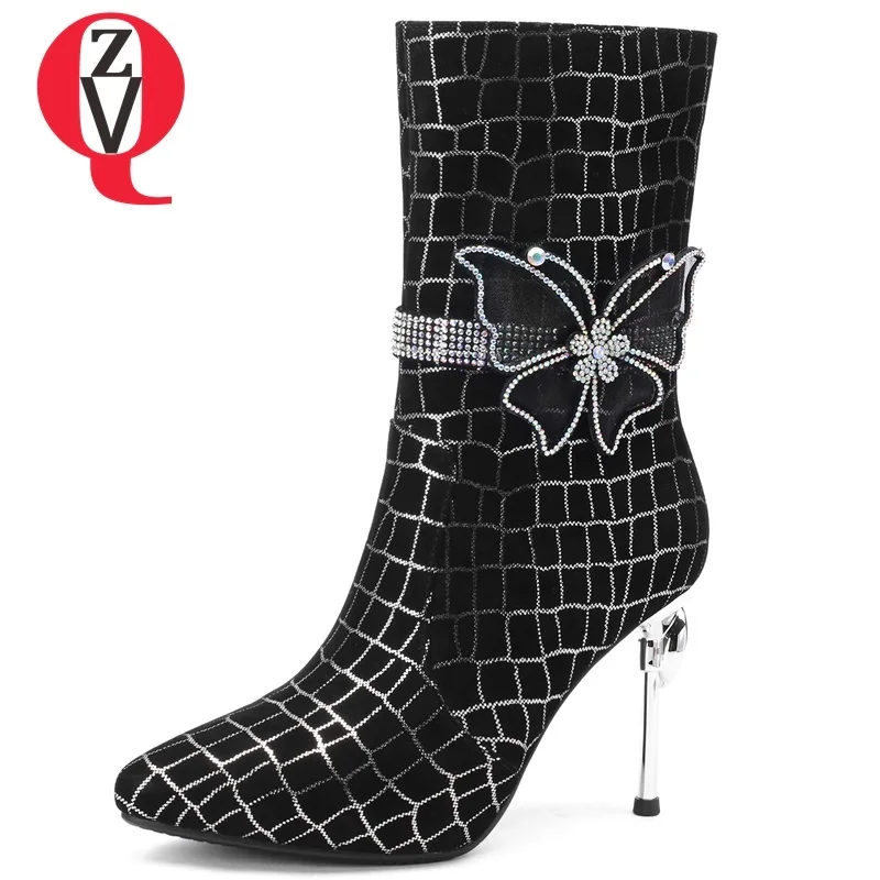 

ZVQ 2019 new high quality kid suede pointed toe super high thin heels fashion sexy party women shoes large size mid calf boots