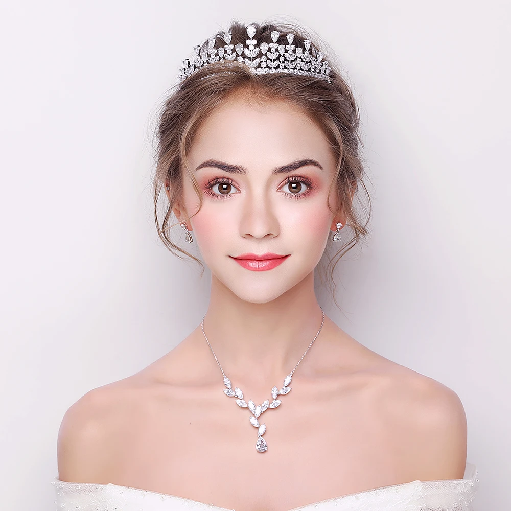 

Charms Cubic Zirconia Jewelry Sets Plant Design Crown Tiara Wedding Ornaments Women Necklace Earrings Bijoux Zircon Parure Gifts