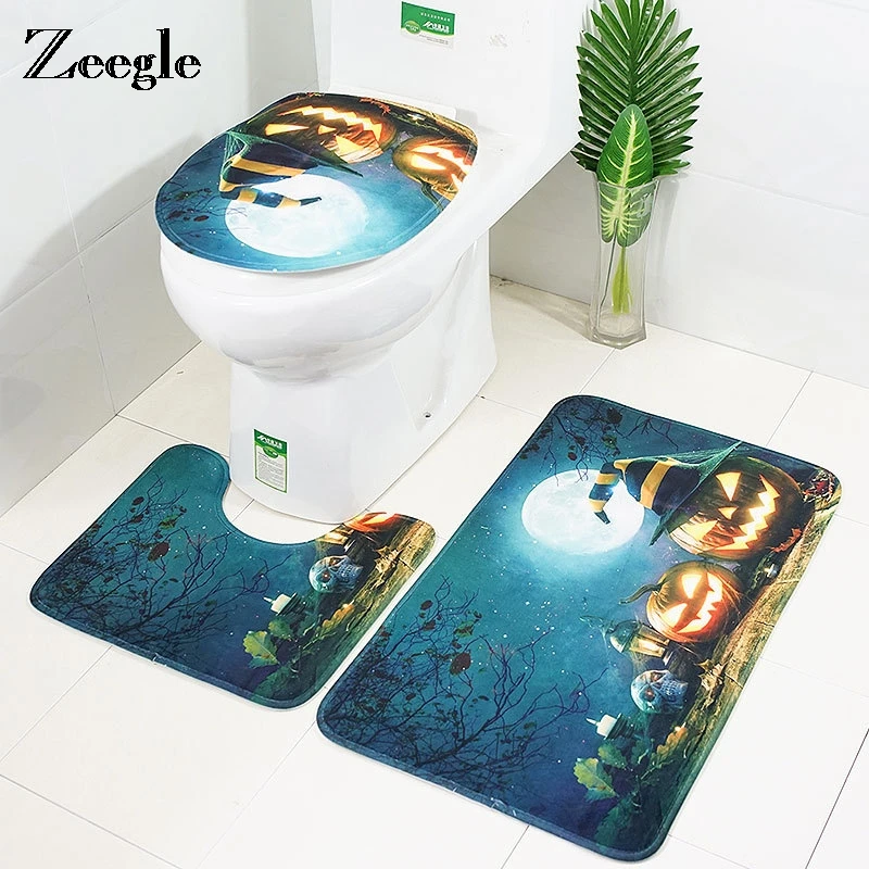 Zeegle 3pcs Bath Mats Set Halloween Pumpkin Non-Slip Toilet Cover Bathroom Shower Room Rug Washable Floor Mat | Дом и сад