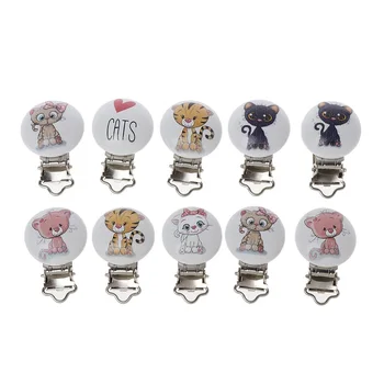 

5Pcs/Lot Baby Pacifier Clips Cats Printed Wood Metal Holder Clasps 4.4cm*3cm