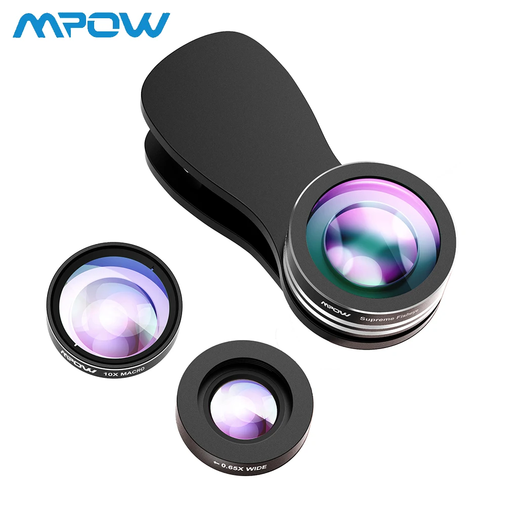 

Mpow 3 in 1 Phone Single Lens 180 Degree Fisheye Lens+0.65X Wide Angle+10X Macro Lens Clip-On CameraLens Kit For iphone
