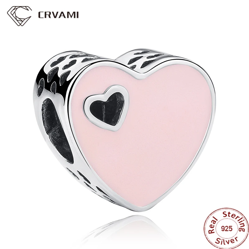 CRVAMI Charm, 925 Sterling Silver Pink Love Heart Charms Pendants Fit Bracelets & Bangles Beads for Jewelry Making