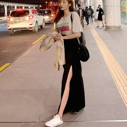 

2019 New cotton High Waist Split Side Black Skirt Women Sexy Long Solid Skirts Womens Summer Skirt Girls High Waist Straight