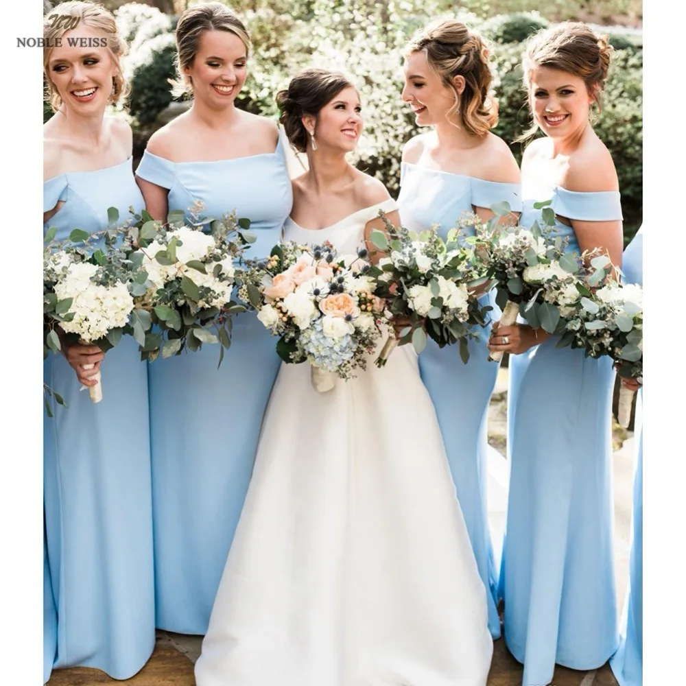 bridesmaid dresses 2019 boat neck sky blue satin wedding guest dress mermaid prom dress sexy wedding party dress free shipping