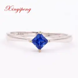 Xin yi Пэн 18 K Белый Золотой инкрустированные натуральный квадратный сапфир кольцо 3,5*3,5 мм женские кольцо простой и легкой тонкой