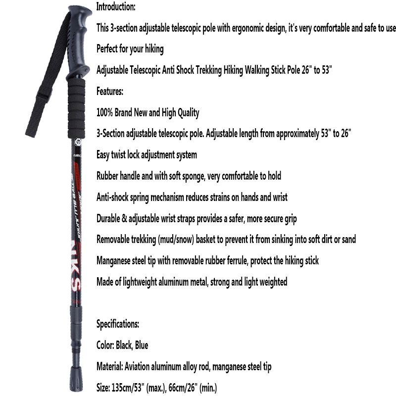 6 color Adjustable AntiShock Trekking Hiking Walking Stick Pole 3-section 66cm-135cm/ 26 \