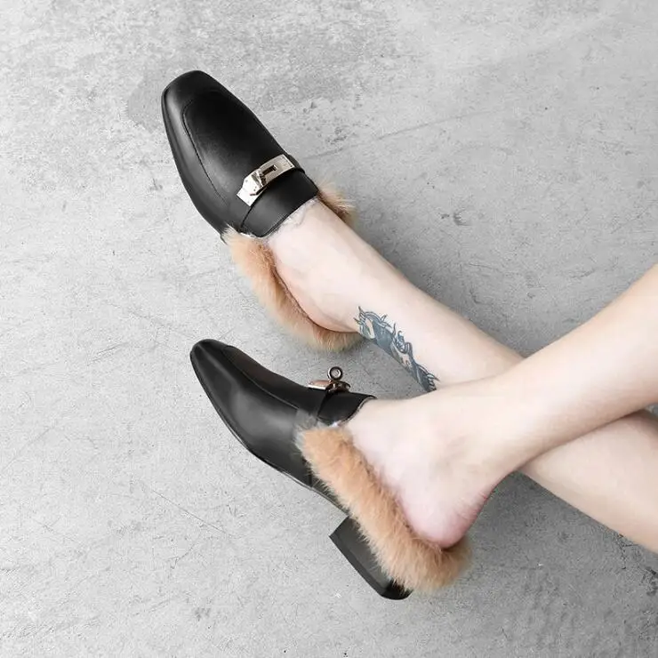 Mode Femmes Talons Métal Paresseux Pompes Cuir Lapin Chaussures La De En Chaud Tendance Véritable Femelle Avec 2018 Nouvelle Fourrure Décoration RXWBqncS