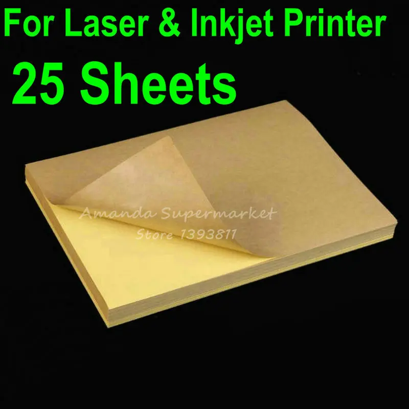 25 Sheets A4 Blank Kraft Label Sticker Paper Brown Self Adhesive Paper