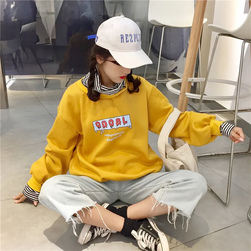 Harajuku полосатый принт графическая водолазка оверсайз Женская толстовка KPOP 2019
