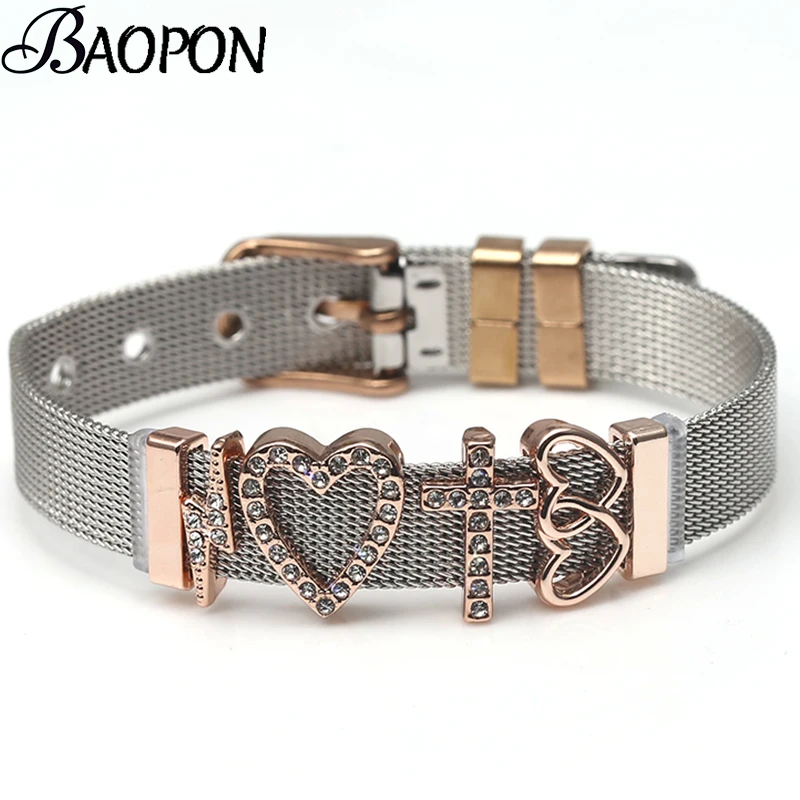 

BAOPON Fashion Ladies DIY Stainless Steel Mesh Strap Fine Bracelet Adjustable Love Heart Charm Bracelets & Bangles for Women