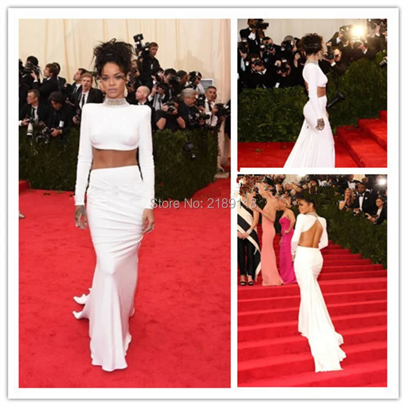 New-Rihanna-Celebrity-Dresses-White-Sexy-Two-Piece-Long-Mermaid-High-Collar-Crystals-Open-Back-Red
