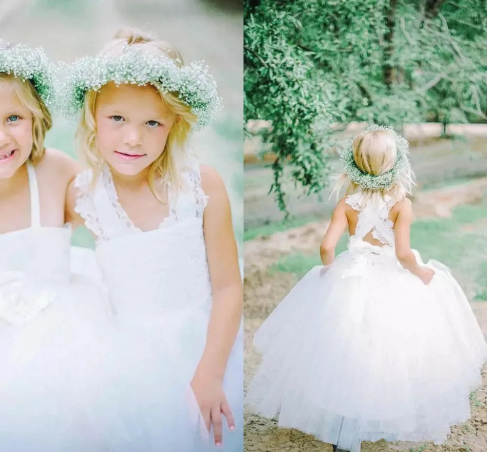 Новые милые белые тюлевые Платья с цветочным узором для девочек, бальное платье с перекрещенными ремешками сзади и цветами, длина до пола