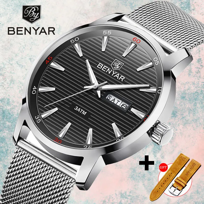 

Top Luxury Brand New Benyar Men's Watches Business Fashion Wristwatches Mens Steel Waterproof Clock Sport Watch Men Reloj Hombre