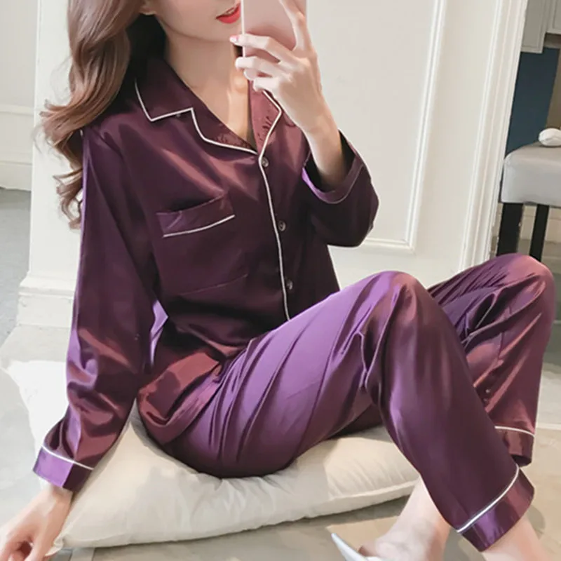 

Women Sexy Pajama Silk Set Spring Autumn Long Sleeve Sleepwear Pajamas Ladies Nightwear Pijama roupa de noite das mulheres