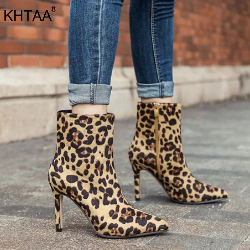 

KHTAA 2018 Womens Fashion Leopard Print Ankle Boots Female Zip Pointed Toe Thin High Heels Ladies Party Shoes