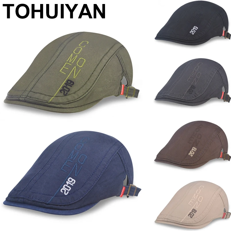 

TOHUIYAN 2019 Men's Retro Newsboy Caps Letters Embroidery Ivy Hat Baker Boy Cabbie Cap Female Casual Cotton Duckbill Visor Hats